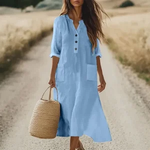 Women's Midi Dress Shirt Dress Cotton Linen Dress Classic Modern Outdoor Vacation Going out Regular Fit Plain Long Sleeve V Neck Black Purple Orange Light Blue Fall