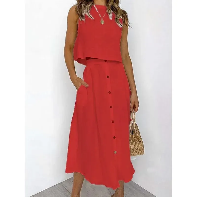 Women's Skirt A Line Basic Casual Maxi High Waist Skirts Solid Colored Pocket Casual Daily Weekend White Yellow Pink Red Summer Cotton - Image 6