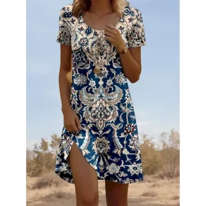 Women's Mini Dress Casual Dress Vintage Casual Daily Regular Fit Geometric Color Block Short Sleeve Crew Neck Wine Blue Green Gray Summer