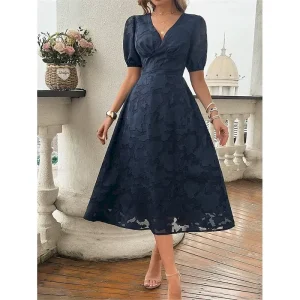 Women's Lace Dress Midi Dress Lace Patchwork Party Wedding Guest Cocktail Party Elegant Streetwear V Neck Short Sleeve Black Red Navy Blue Color