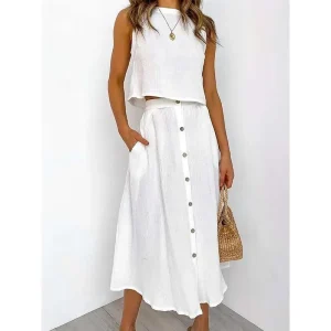 Women's Skirt A Line Basic Casual Maxi High Waist Skirts Solid Colored Pocket Casual Daily Weekend White Yellow Pink Red Summer Cotton