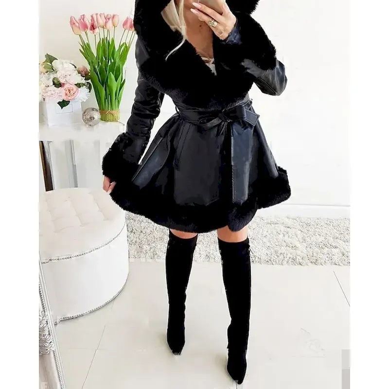 Women's Coat Warm Comfortable Fur Collar Fashion Outdoor Plain Outdoor Vacation Long Hooded Regular Fit Long Sleeve Outerwear Black Beige Fall Winter - Image 2