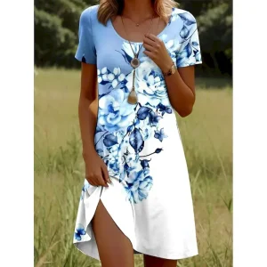 Women's Mini Dress Casual Dress T Shirt Dress Tee Dress Sundress A Line Dress Stylish Casual Beach Regular Fit Ombre Floral Graphic Short Sleeve Crew Neck Scoop Neck Dusty Blue Light Blue Summer
