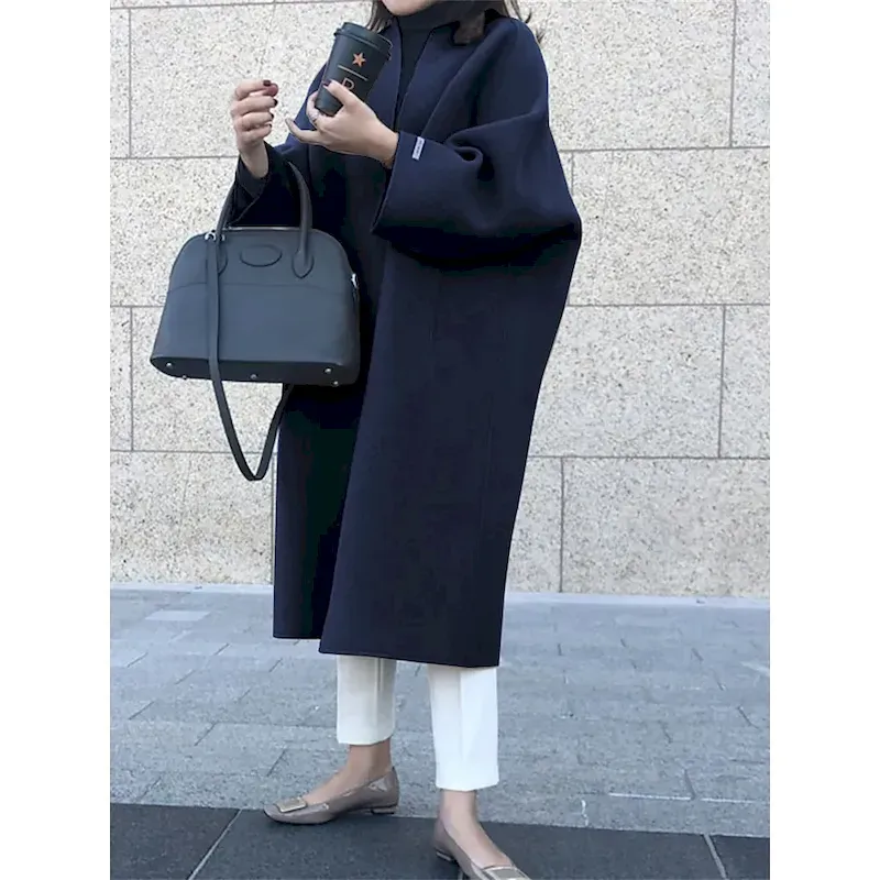 Women's Coat Warm Breathable Pocket Oversized Fashion OL Style Modern Street Style Solid Color Outdoor Street Shopping Daily Wear Cardigan Long Crewneck Regular Fit Long Sleeve Outerwear Navy Black - Image 4