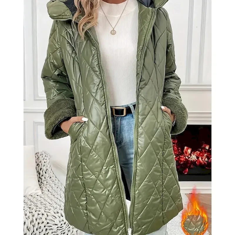 Women's Parka Warm Comfortable Zipper Pocket Fashion Outdoor Plain Going out Weekend Zipper Long Hooded Regular Fit Long Sleeve Outerwear Green Apricot Fall Winter