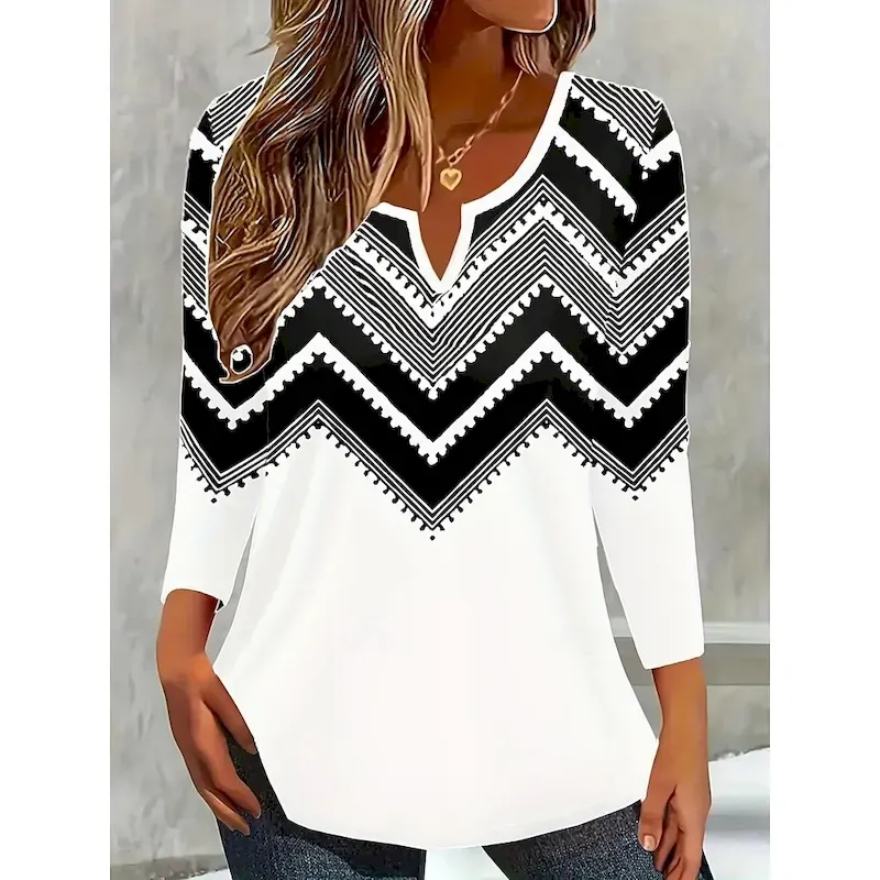 Women's T Shirt Ombre Graphic Geometric Vintage Stylish Classic Long Sleeve V Neck Notched Neck Regular Tops Daily Weekend Print White Pink Red Light Blue Spring Fall Winter - Image 4