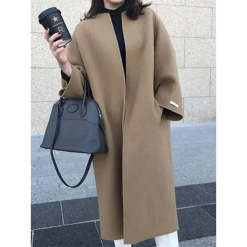 Women's Coat Warm Breathable Pocket Oversized Fashion OL Style Modern Street Style Solid Color Outdoor Street Shopping Daily Wear Cardigan Long Crewneck Regular Fit Long Sleeve Outerwear Navy Black - Image 2