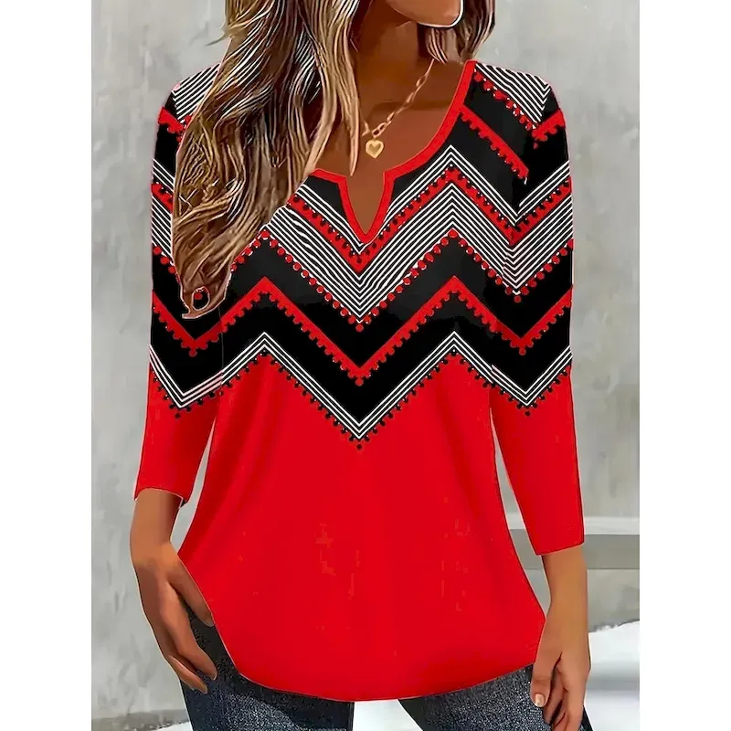 Women's T Shirt Ombre Graphic Geometric Vintage Stylish Classic Long Sleeve V Neck Notched Neck Regular Tops Daily Weekend Print White Pink Red Light Blue Spring Fall Winter - Image 5
