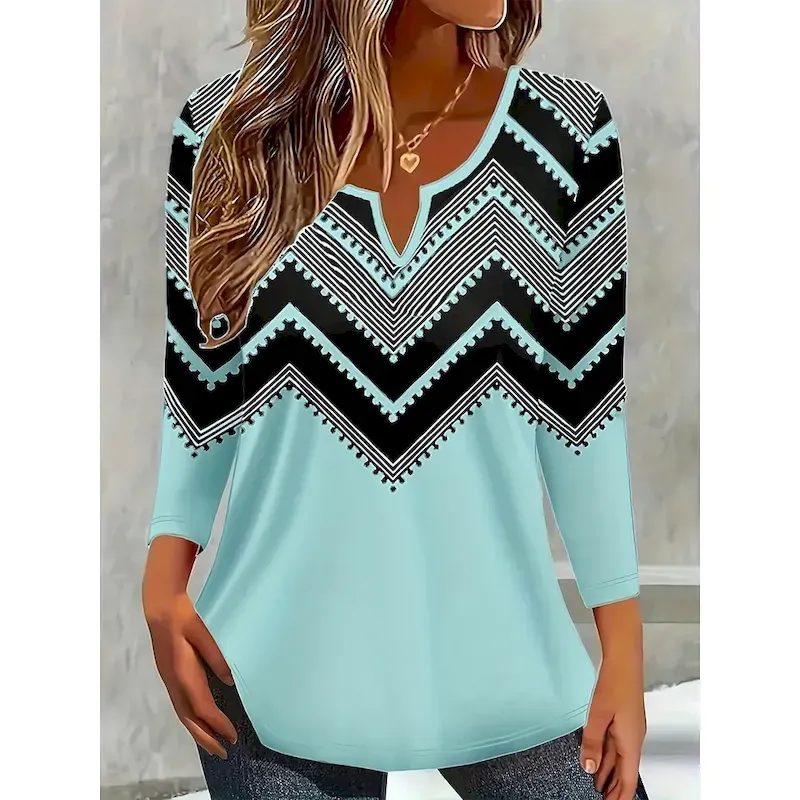 Women's T Shirt Ombre Graphic Geometric Vintage Stylish Classic Long Sleeve V Neck Notched Neck Regular Tops Daily Weekend Print White Pink Red Light Blue Spring Fall Winter - Image 6