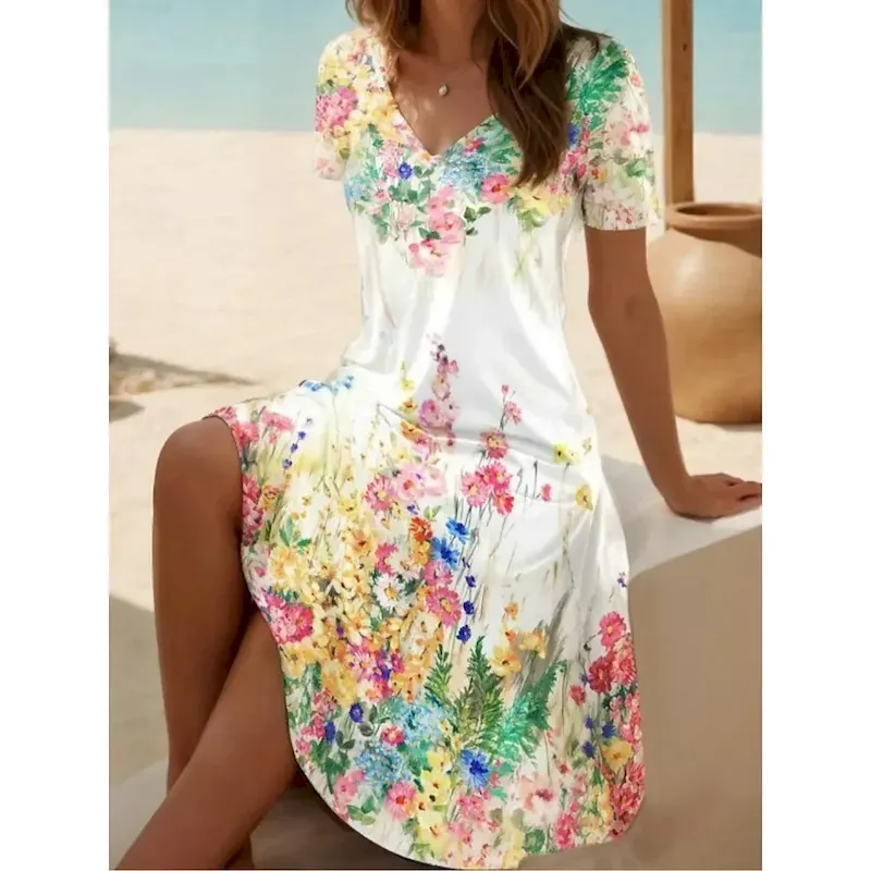 Women's Midi Dress Casual Dress Skater Dress Summer Dress Fashion Modern Daily Beach Weekend Regular Fit Floral Short Sleeve V Neck Black White Blue Purple Summer - Image 3
