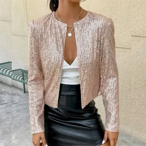 Women's Casual Jacket Comfortable Breathable Sequin Fashion Daily Plain Outdoor Casual Daily Short Collarless Regular Fit Long Sleeve Outerwear Silver Rose Gold Black Spring Fall