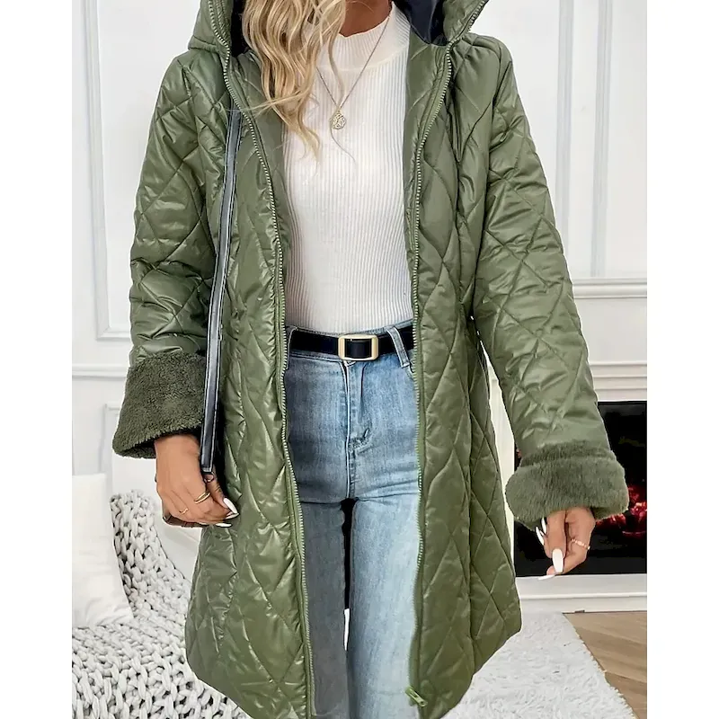 Women's Parka Warm Comfortable Zipper Pocket Fashion Outdoor Plain Going out Weekend Zipper Long Hooded Regular Fit Long Sleeve Outerwear Green Apricot Fall Winter - Image 3