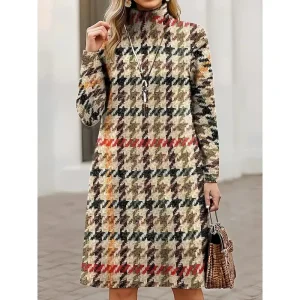 Women's Sweater Dress Mini Dress  Shift Dress A Line Dress Vacation Casual Boho Casual Daily Loose Fit Graphic Houndstooth Tribal Long Sleeve Turtleneck khaki Spring Fall Winter