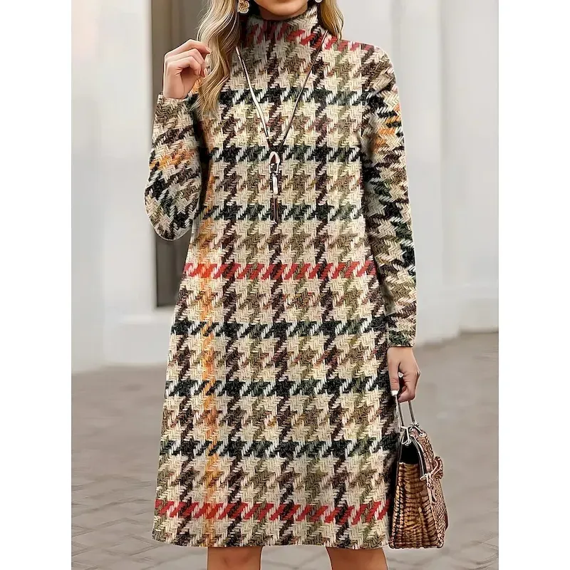Women's Sweater Dress Mini Dress Shift Dress A Line Dress Vacation Casual Boho Casual Daily Loose Fit Graphic Houndstooth Tribal Long Sleeve Turtleneck khaki Spring Fall Winter