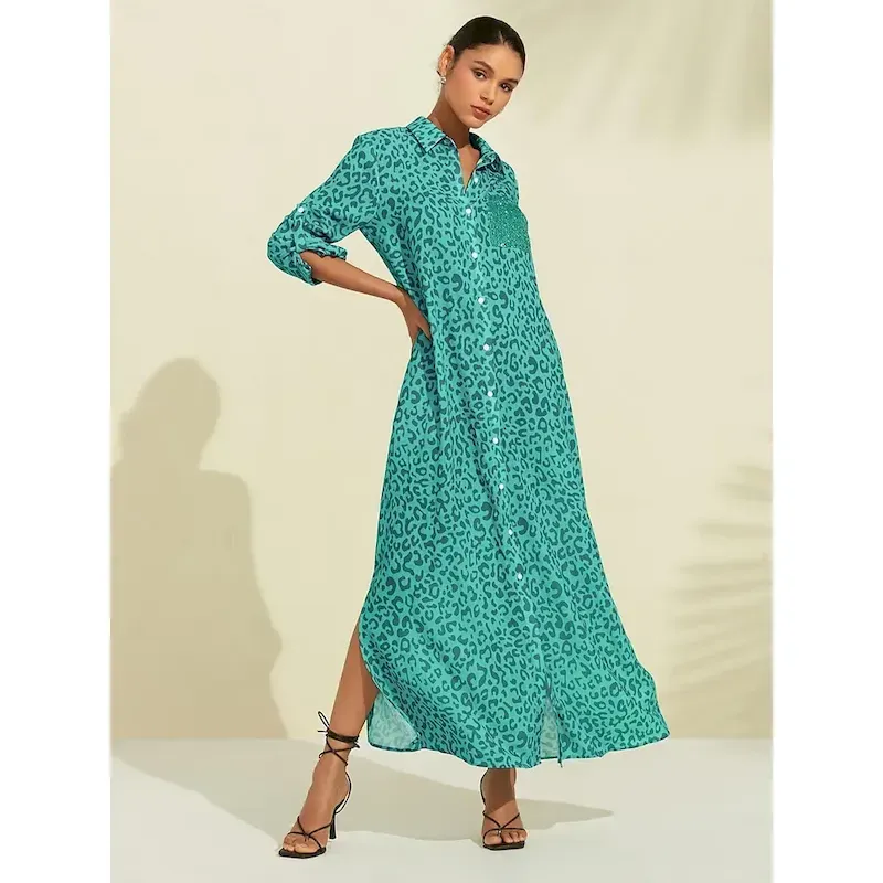 Women's Shirt Dress Print Dress Maxi Dress Blue Green Leopard prints Roll up Sleeves Sequin Summer Shirt Collar Leopard Print S M L - Image 2