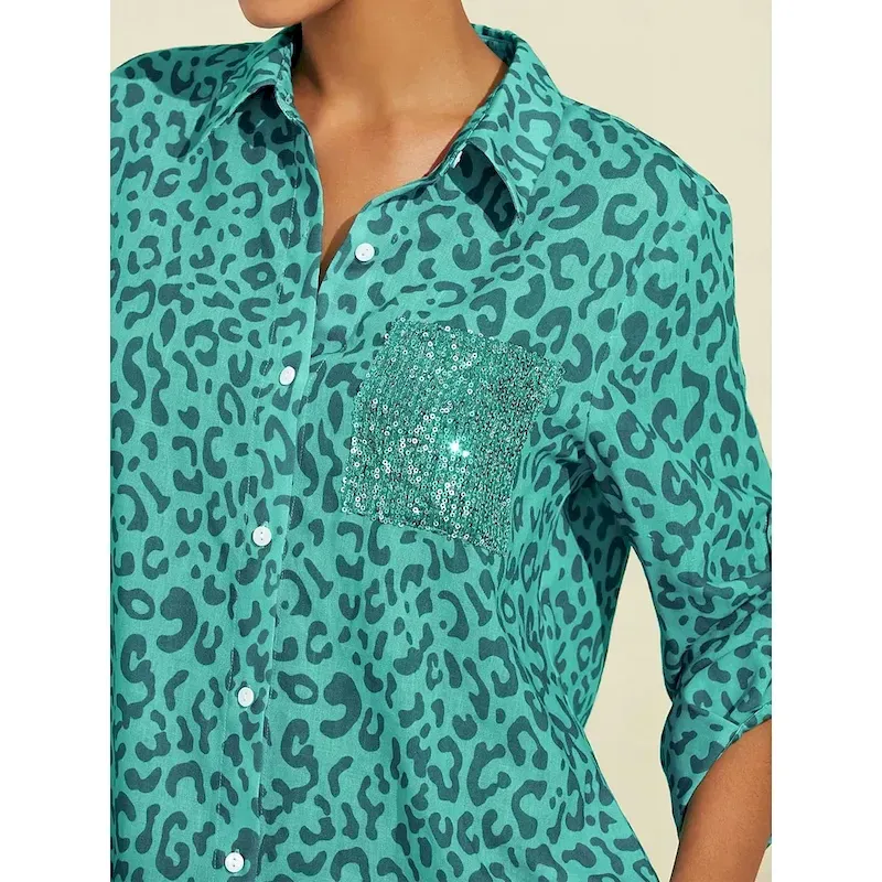Women's Shirt Dress Print Dress Maxi Dress Blue Green Leopard prints Roll up Sleeves Sequin Summer Shirt Collar Leopard Print S M L - Image 4