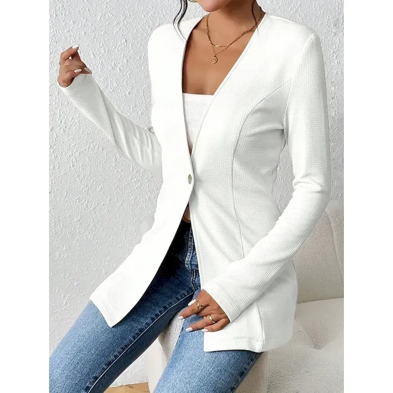 Women's Blazer Comfortable Breathable Buttons OL Style Casual Plain Office Street Casual Daily Wear Single Breasted Regular V Neck Regular Fit Long Sleeve Outerwear Black White Red Spring Fall - Image 4
