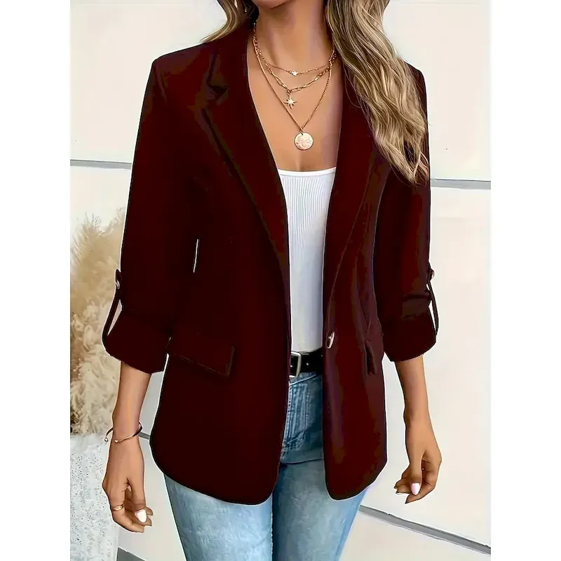 Women's Blazer Button Solid Color Casual / Daily Stylish Regular Fit Outerwear Long Sleeve Winter claret S - Image 2
