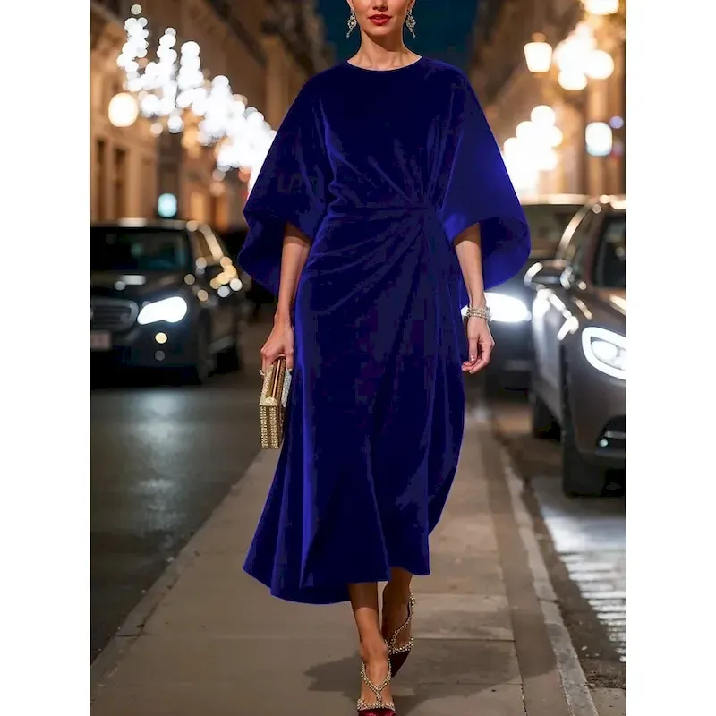 Women's Midi Dress Fit And Flare Dress Elegant Party Cocktail Outdoor Party Wedding Guest Regular Fit Solid Color Long Sleeve Crew Neck Black Red Blue Green Spring Fall Winter - Image 3