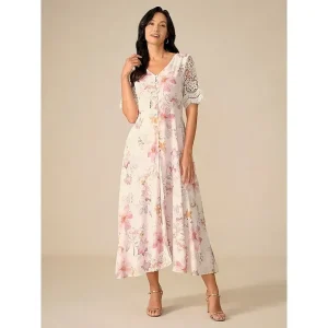 Women's Wedding Guest Cocktail Dress Floral Lace Button V Neck Maxi Dress Elegant Stylish Party Short Sleeve Summer