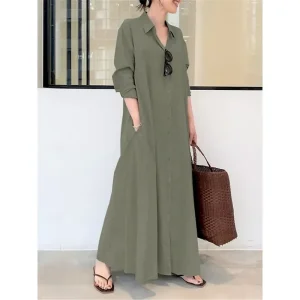 Women's Shirt Dress Maxi Dress Button Pocket Casual Shirt Collar Long Sleeve Black Green Coffee Color
