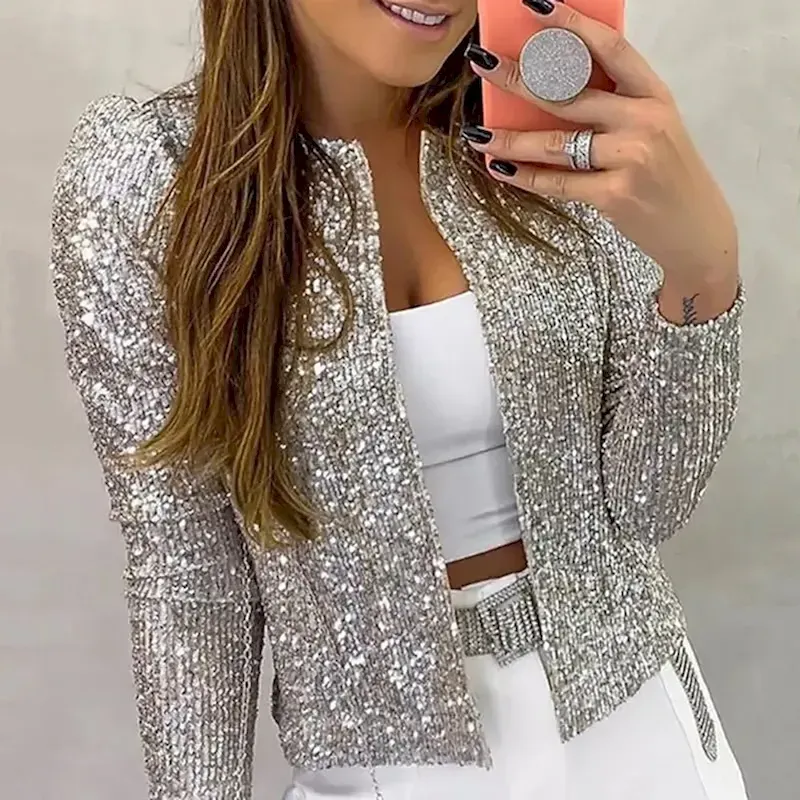 Women's Casual Jacket Comfortable Breathable Sequin Fashion Daily Plain Outdoor Casual Daily Short Collarless Regular Fit Long Sleeve Outerwear Silver Rose Gold Black Spring Fall - Image 3
