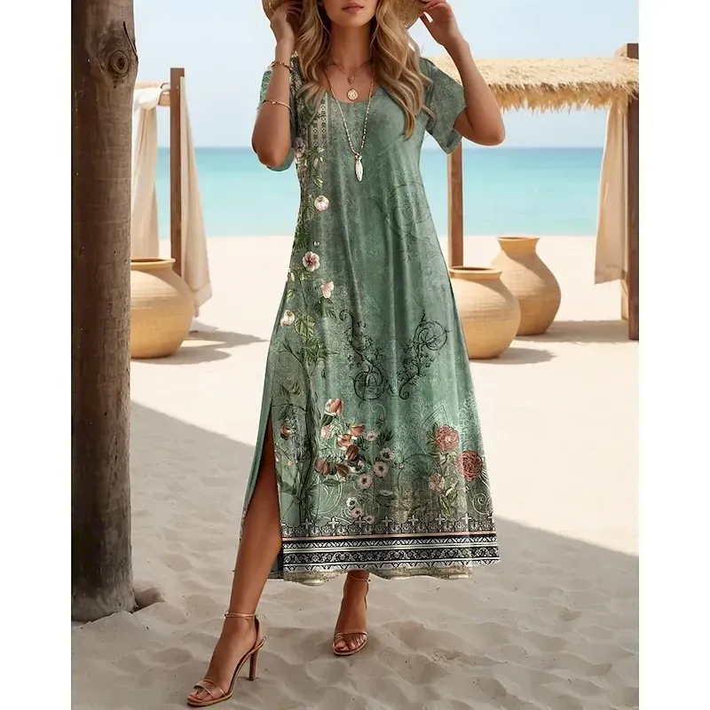 Women's Maxi Dress T Shirt Dress Tee Dress Sundress Shift Dress Summer Dress Bohemia Vacation Party Holiday Regular Fit Vintage Bohemian Short Sleeve Crew Neck Sage Green Summer Spring