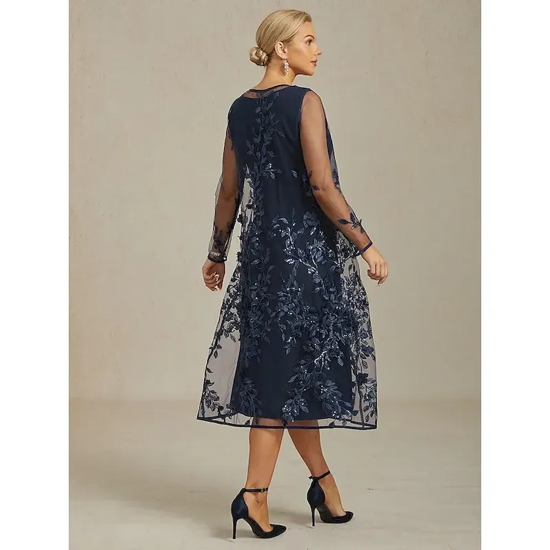 Women's Jacket Coat Blazer Lace Embroidered Sequin Elegant Floral Formal Anniversary Wedding Guest Cocktail Party Open Front Long Crewneck Regular Fit Long Sleeve Outerwear Navy Blue - Image 2