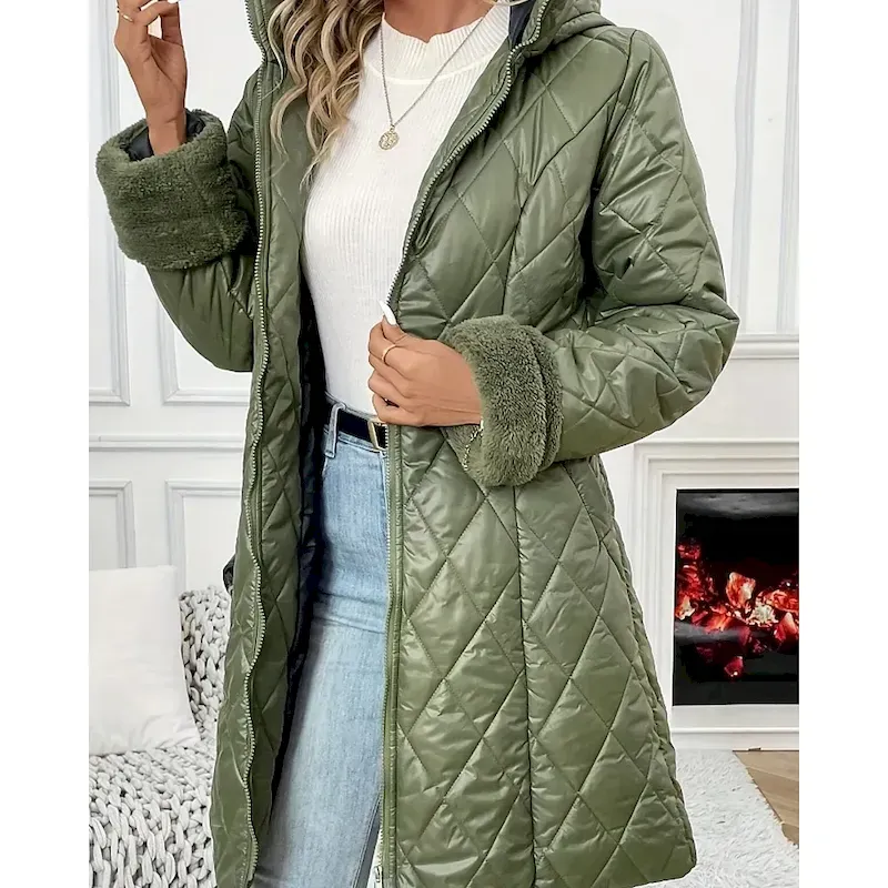 Women's Parka Warm Comfortable Zipper Pocket Fashion Outdoor Plain Going out Weekend Zipper Long Hooded Regular Fit Long Sleeve Outerwear Green Apricot Fall Winter - Image 4