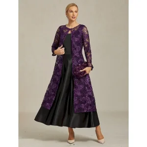 Women's Coat Blazer Jacket Lace Embroidered Open Front Elegant Floral Formal Anniversary Party Wedding Guest Open Front Long Crewneck Regular Fit Long Sleeve Outerwear Eggplant Spring Fall