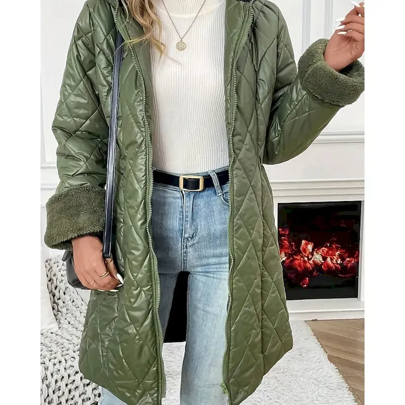 Women's Parka Warm Comfortable Zipper Pocket Fashion Outdoor Plain Going out Weekend Zipper Long Hooded Regular Fit Long Sleeve Outerwear Green Apricot Fall Winter - Image 5