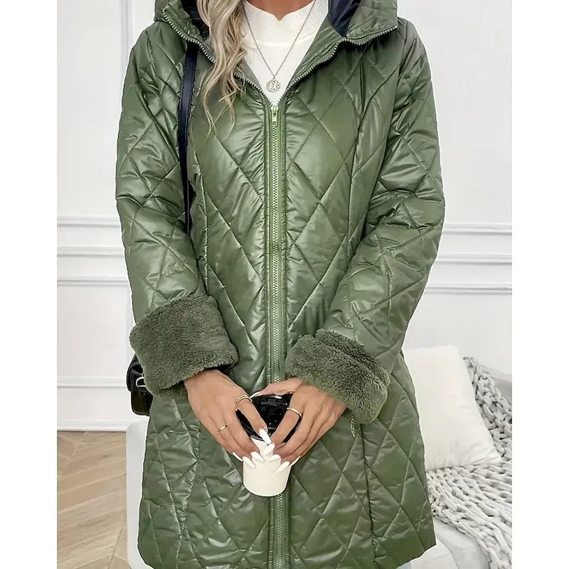 Women's Parka Warm Comfortable Zipper Pocket Fashion Outdoor Plain Going out Weekend Zipper Long Hooded Regular Fit Long Sleeve Outerwear Green Apricot Fall Winter - Image 2