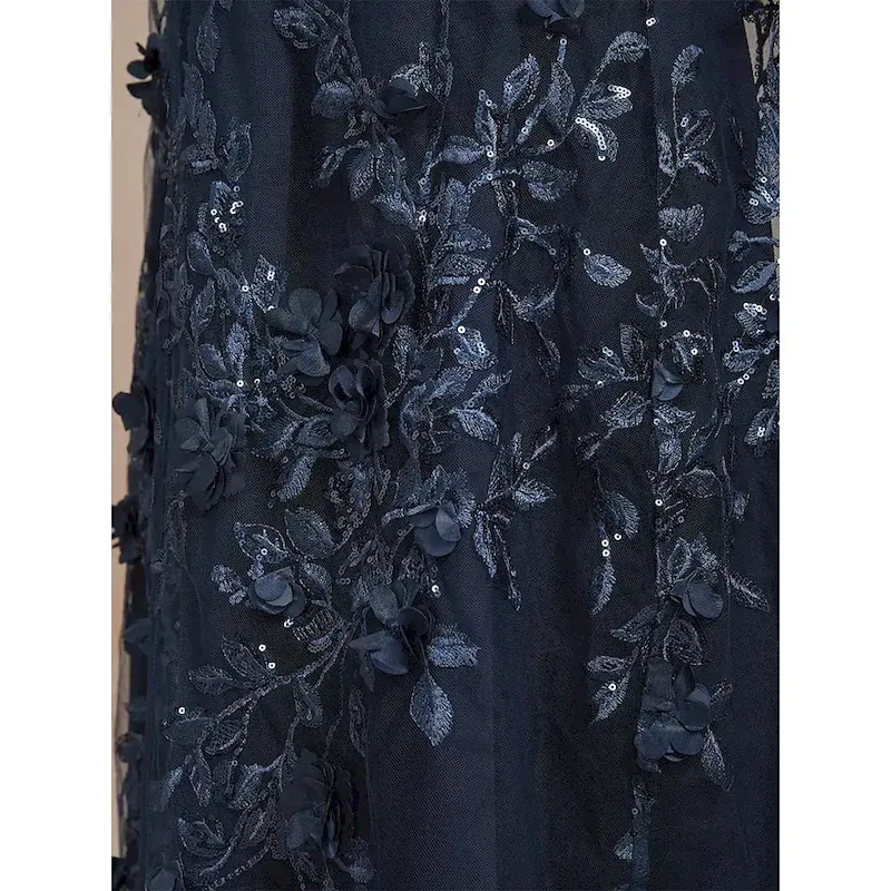 Women's Jacket Coat Blazer Lace Embroidered Sequin Elegant Floral Formal Anniversary Wedding Guest Cocktail Party Open Front Long Crewneck Regular Fit Long Sleeve Outerwear Navy Blue - Image 3