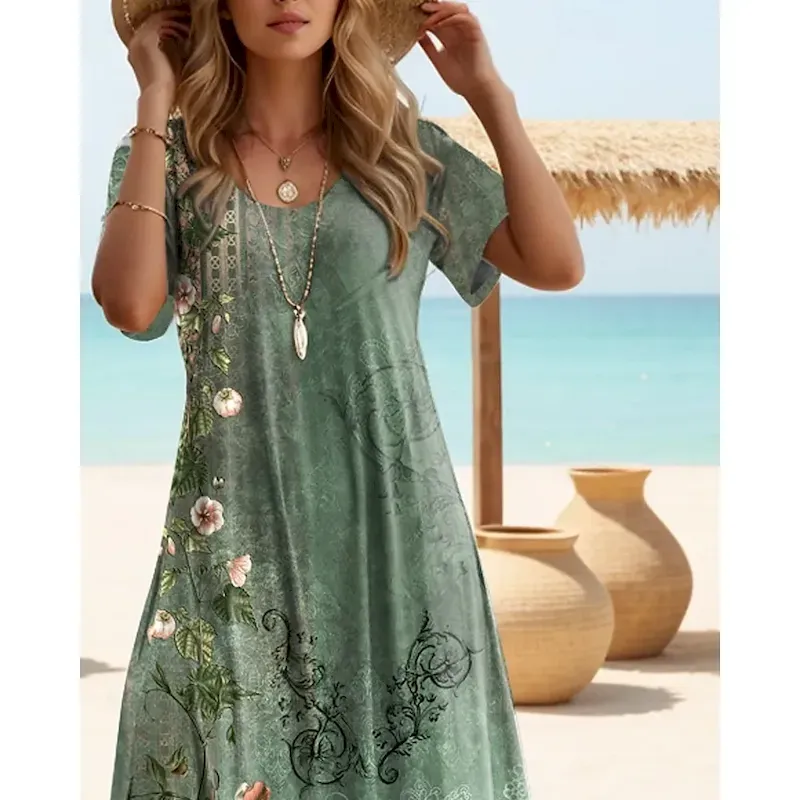 Women's Maxi Dress T Shirt Dress Tee Dress Sundress Shift Dress Summer Dress Bohemia Vacation Party Holiday Regular Fit Vintage Bohemian Short Sleeve Crew Neck Sage Green Summer Spring - Image 2