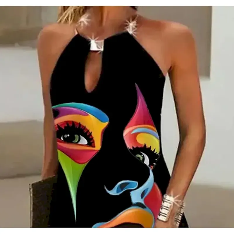Women's Mini Dress Sundress Shift Dress Fashion Modern Vacation Daily Going out Regular Fit Abstract Sleeveless Halter Neck Cold Shoulder Black Summer Spring - Image 2