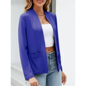 Women's Blazer Comfortable Breathable Pocket Casual Plain Office Street Casual Daily Wear Open Front Regular Stand Collar Regular Fit Long Sleeve Outerwear Navy White Blue Summer Spring