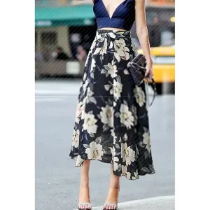 Women's Skirt Swing Casual Maxi Mid Rise Skirts Floral Print Micro-elastic Vacation Going out Black White Pink Blue Summer Polyester