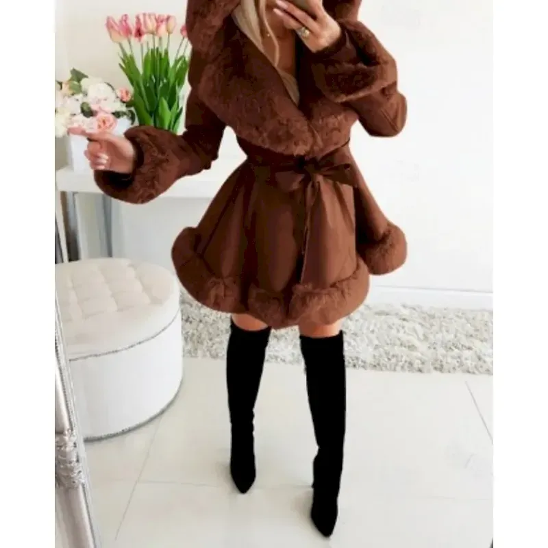 Women's Coat Warm Comfortable Fur Collar Fashion Outdoor Plain Outdoor Vacation Long Hooded Regular Fit Long Sleeve Outerwear Black Beige Fall Winter - Image 5