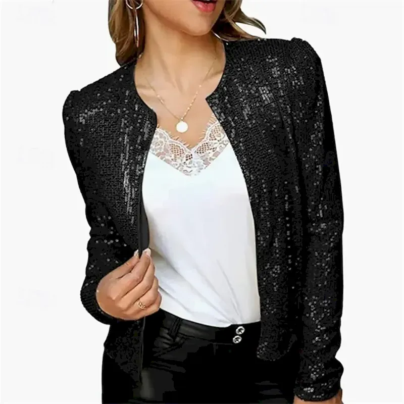 Women's Casual Jacket Comfortable Breathable Sequin Fashion Daily Plain Outdoor Casual Daily Short Collarless Regular Fit Long Sleeve Outerwear Silver Rose Gold Black Spring Fall - Image 4