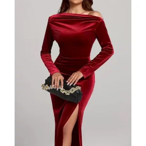 Women's Midi Dress Velvet Dress Cocktail Dress Elegant Fashion Modern Outdoor Party Party Evening Wear Regular Fit Plain Long Sleeve Off Shoulder Red Spring Autumn