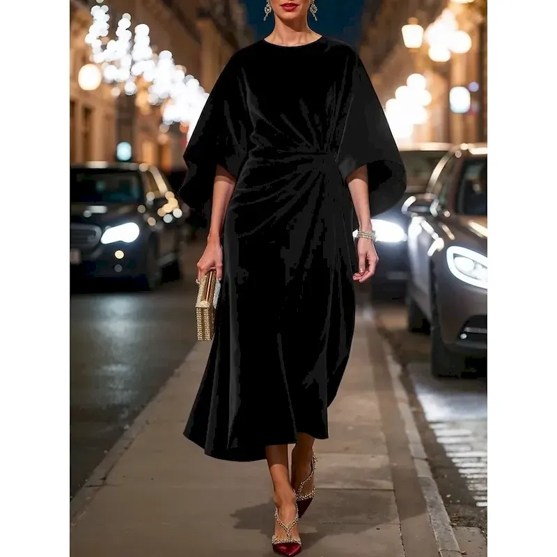 Women's Midi Dress Fit And Flare Dress Elegant Party Cocktail Outdoor Party Wedding Guest Regular Fit Solid Color Long Sleeve Crew Neck Black Red Blue Green Spring Fall Winter - Image 4