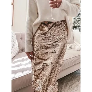 Women's Skirt Bodycon Fashion Casual Knee-length High Waist Skirts Plain Sequins Micro-elastic Party Street Black Champagne Spring Polyester