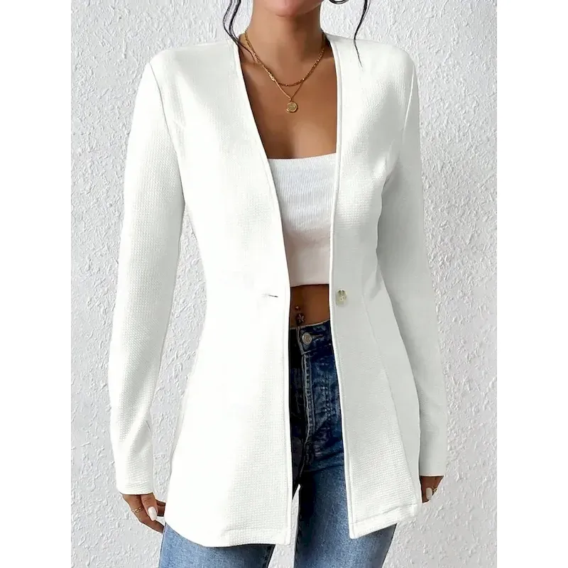 Women's Blazer Comfortable Breathable Buttons OL Style Casual Plain Office Street Casual Daily Wear Single Breasted Regular V Neck Regular Fit Long Sleeve Outerwear Black White Red Spring Fall - Image 2