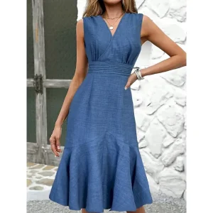 Women's Work Dress Sheath Dress Elegant Office Daily Long Dress Maxi Dress Patchwork Zipper V Neck Sleeveless Plain Regular Fit Blue Summer Spring S M L XL