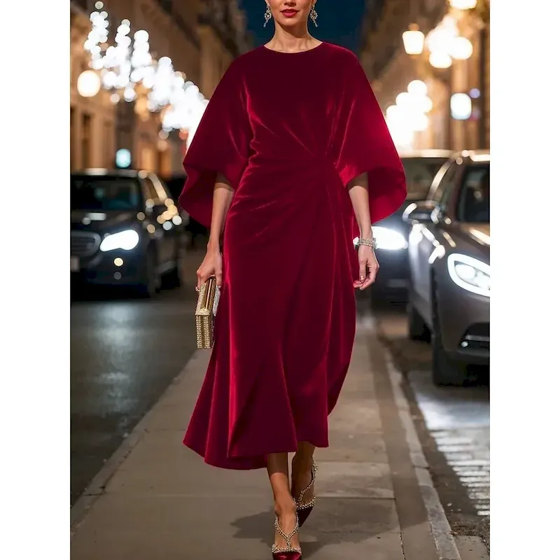 Women's Midi Dress Fit And Flare Dress Elegant Party Cocktail Outdoor Party Wedding Guest Regular Fit Solid Color Long Sleeve Crew Neck Black Red Blue Green Spring Fall Winter - Image 2