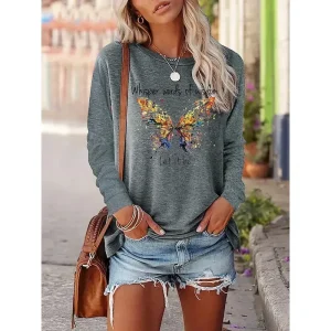 Women's T shirt Long Sleeve Tee Black Pink Blue Butterfly Letter Print Long Sleeve Casual Hawaiian Round Neck Long Loose Fit Butterfly S Prefall