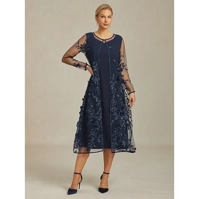 Women's Jacket Coat Blazer Lace Embroidered Sequin Elegant Floral Formal Anniversary Wedding Guest Cocktail Party Open Front Long Crewneck Regular Fit Long Sleeve Outerwear Navy Blue - Image 6