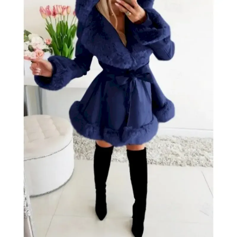 Women's Coat Warm Comfortable Fur Collar Fashion Outdoor Plain Outdoor Vacation Long Hooded Regular Fit Long Sleeve Outerwear Black Beige Fall Winter - Image 4