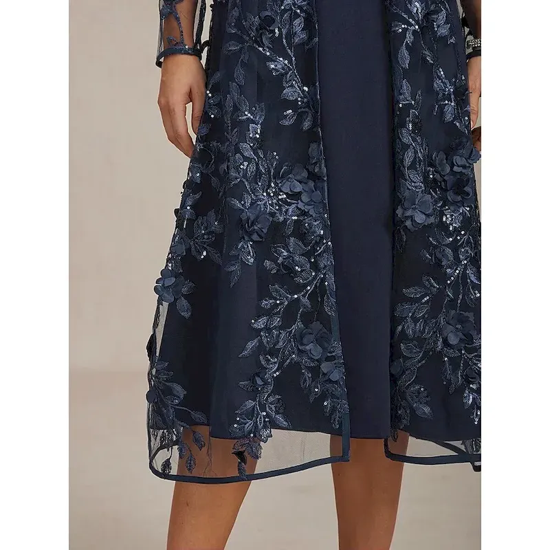 Women's Jacket Coat Blazer Lace Embroidered Sequin Elegant Floral Formal Anniversary Wedding Guest Cocktail Party Open Front Long Crewneck Regular Fit Long Sleeve Outerwear Navy Blue - Image 4