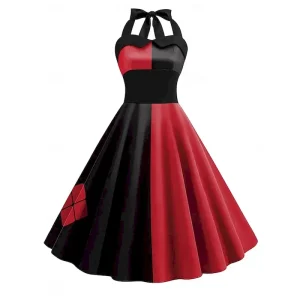 Halloween Women's Midi Dress A Line Dress Halter Dress Casual Daily Holiday Regular Fit Color Block Skull Sleeveless Halter Neck Black Red Summer Spring Fall